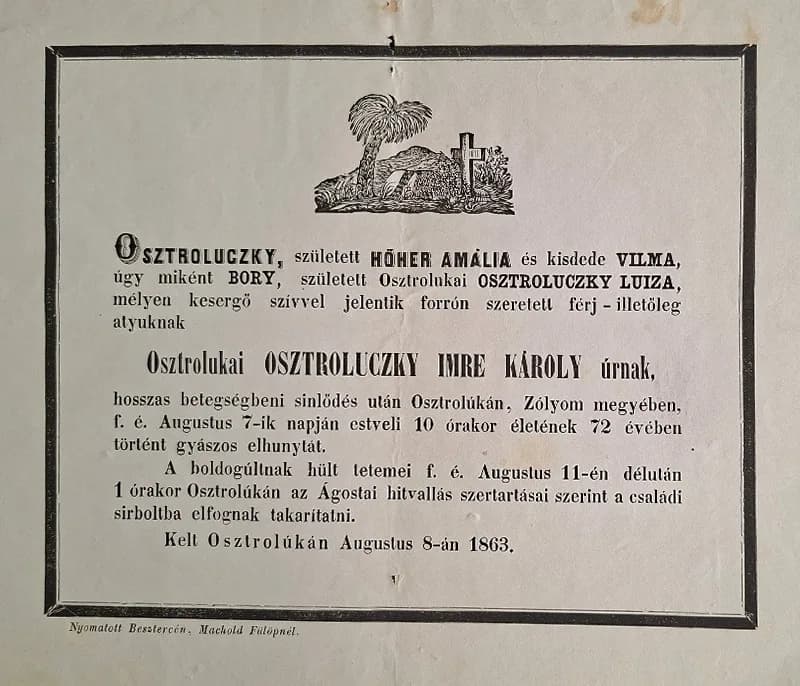Úmrtné oznámenie Imricha Ostrolúckeho z roku 1863